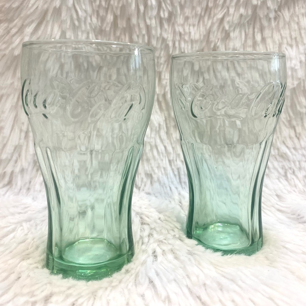 VNTG 1990s Mini Coke-a-Cola Green Glass Drinking Glasses